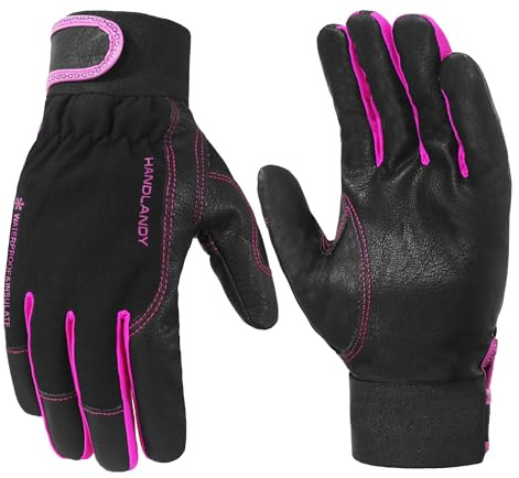 HANDLANDY Frauen Thermal Winter Leder Arbeitshandschuhe, Wasserdicht Kaltes Wetter Arbeitshandschuhe für Autofahren, Wandern, Laufen, Outdoor-Arbeit (Schwarz-Rosa, L)