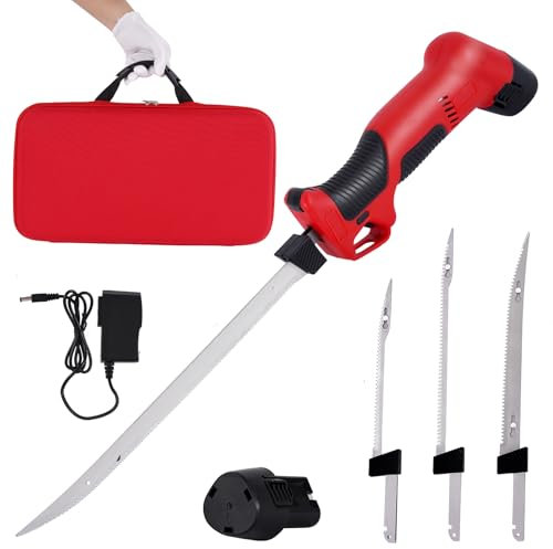 YUCHENGTECH Elektrische Filetiermesser Fisch Elektrisches Messer für Fleisch mit 4 Klingen aus Rostfreiem Stahl, 2 Wiederaufladbare Akkus und Aufbewahrungstasche zum Angeln, Filetieren, Im Freien