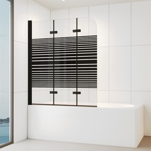 IMPTS 120x140 CM Duschwand für Badewanne 3 teilig Schwarz Duschabtrennung Badewannenaufsatz Teilsatiniert Faltwand 180° Faltbar 6mm ESG-Sicherheitsglas mit NANO-Beschichtung | LINKS