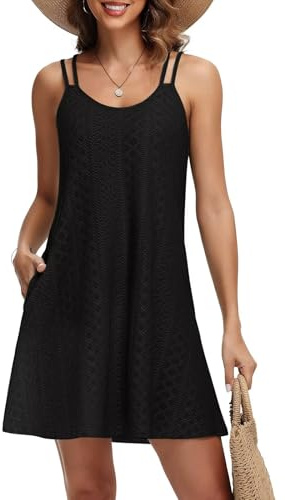 Tanmolo Damen Sommer Kleid Spaghettiträger - Kurz Strandkleid Freizeitkleid, Schwarz, XXL