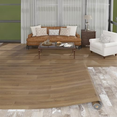 Vinylboden in Holzoptik – PVC Bodenbelag Rolle, Bodenfliesen mit Klebeband, Wiederverwendbar, Wasserfest, Ohne Kleber Fliesenoptik Bodenmatte für Wohnbereich, Kellergeschoss 100x300cm