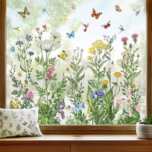 wondever Fenstersticker Sommer Wildblumen Fenster Aufkleber Vintage Blumen Gras Schmetterling Frühling Fensterbilder Fensteraufkleber Anti-Kollision Doppelseitig Glasaufkleber Glas Deko