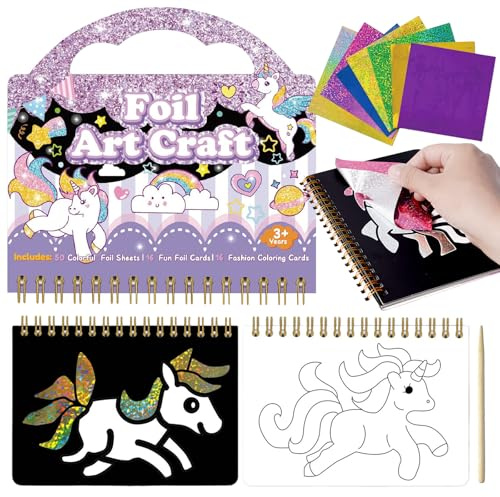 Einhorn Bastelset Foil Art Kinder, Malbuch Kunst Sticker Bastelkoffer | Magisch Einhörner, Färben Aufkleber Basteln, Foil Art Geschenke, Geburtstagsgeschenk Mädchen, Kinder ab 3 6 Jahre