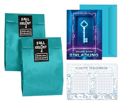 10 Einladungskarten Kindergeburtstag Escape Room Party Mädchen Jungen Einladungen Kinder Geburtstag Detektiv Geburtstagseinladungen inkl. 10 Umschläge, 10 Tüten / petrol, 10 Aufkleber, 10 Blöcke
