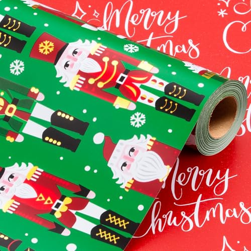 Wikadlik Folien-Weihnachts-Geschenkpapier Rolle - 43 cm x 10 m - Metallisch Grün und Rot Nußknacker Frohe Weihnachten Schrift Feiertagsgeschenk Geschenkpapier für Winterfestliche Party-Feierlichkeiten