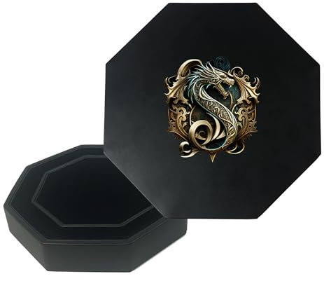 DND Würfeltablett mit Aufbewahrung, 23,5 cm achteckiges RPG-Rolltablett, schwarz mit Filz ausgekleidetes Würfeltablett mit Deckel (Drachensiegel)