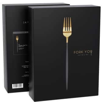 FORK YOU Besteck Set Schwarz Gold Matt (16-teilig), rostfreier Edelstahl, Tafelbesteck für 4 Personen, spülmaschinenfest, Geschenk Set in hochwertiger Geschenkbox