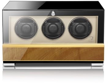 MODALO Clasico Premium Uhrenbeweger – Watch Winder für 3 Uhren, Luxus Design mit Touch-Display, Flüsterleiser Motor, Individuell Einstellbare Programme, Hochwertige Verarbeitung (Golden Phoebe)
