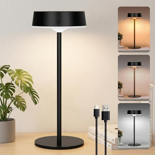 Rosnek LED Tischlampe Kabellos, Solar Outdoor Tischlampe für Touch Schalter, Schwarz USB Akku Tischleuchte für IP67 Wasserdicht, 3 Farbtemperaturen Stufenlos Tischleuchte Dimmbar für Innen & Aussen
