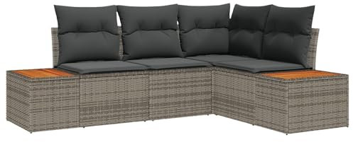 vidaXL Garten-Sofa-Set mit Kissen in Grau aus Poly-Rattan und Akazie | Modulare 4-teilige Outdoor-Sitzgruppe zum Entspannen mit Stauraum für Balkon, Terrasse und Garten.