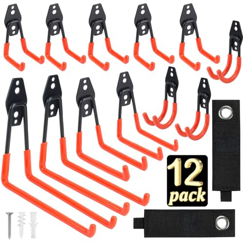 Qcdou Wandhaken Garage, 12 Stück Garage Storage Hooks, Werkzeug Wandhalterung, Schwerlast Wandhaken, Aufhängehaken, Zur Aufbewahrung für Fahrradhalterung, Gartengeräte, Schlauch, Leiter(Orange)