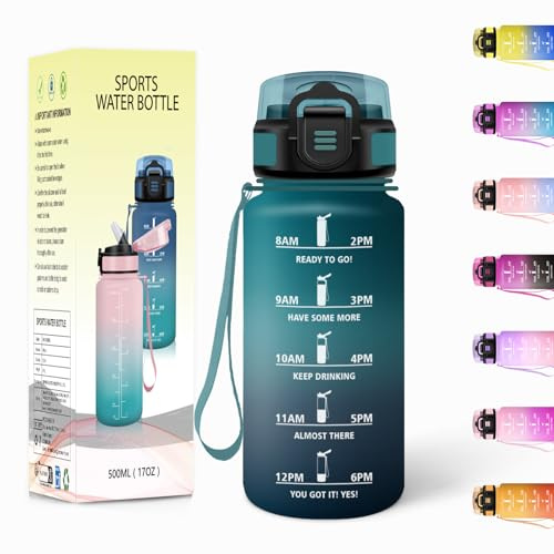 Borraccia, 500ML Con Paglia, Borraccia Bambini, Senza BPA, Borracce con Cannuccia, Bottiglia d'acqua Motivazionale con Indicatore del Tempo, Bottiglia Acqua per Scuola, Sport - Verde scuro&Grigio