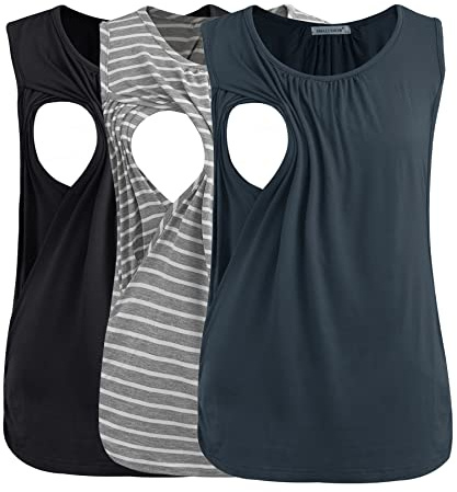 Smallshow Women's Maternity Nursing Tops Sleeveless Breastfeeding Vest Clothes 3 Pack,Black-Dark Grey-Light Grey Stripe,M