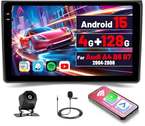 [4G+128G] Inefala Android 15 Autoradio per Audi A4 B6 B7 2001-2008 con Wireless Carplay Android, 9 Pollici Touchscreen Radio con Navi GPS WiFi RDS/FM Bluetooth EQ SWC Retrocamera Mic