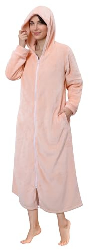 KAKU NANU Dam mjuk flanell dragkedja morgonrock lång rock S-2XL, Rosa, M