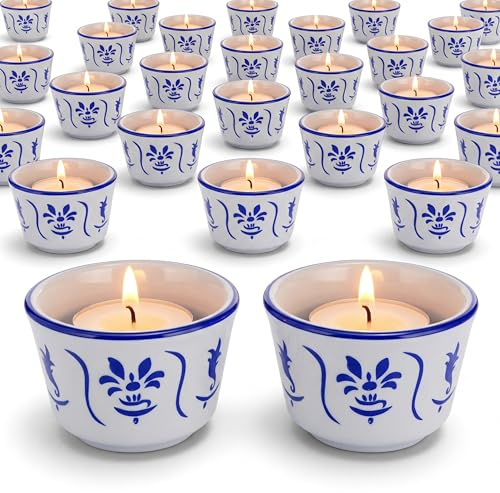 Teenyyou 20 Pcs Tealight Candle Holder Bulk Ceramic Blue White Votive Candle Holders for Wedding Easter Table Centerpiece Decor