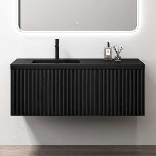 doporro Waschbeckenunterschrank Badmöbel Set Waschtisch mit Unterschrank Wandmontage in matt schwarz, BTH: 120x50x46 cm, inkl. Mineralguss-Waschbecken