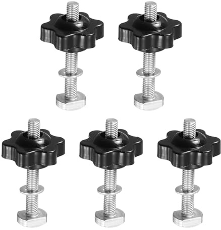 PATIKIL T Bolzen Set, 5 Satz Edelstahl Hammerkopfschrauben M5 x 40mm mit Sterngriffmutter 25mm / Unterlegscheiben M5, T Nut Schrauben mit Muttern für Holzwerkzeug Klemme, Silber Schwarz
