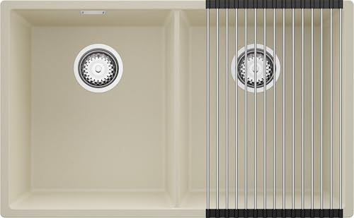 PRIMAGRAN Fregadero bajo Encimera al Mueble 80cm + Kit de desagüe, 76x47cm | Set: Kit de desagüe (sifón, válvula, rebosadero) + Enrollable Escurridor + London Twin 2 Senos para Cocina, Beige