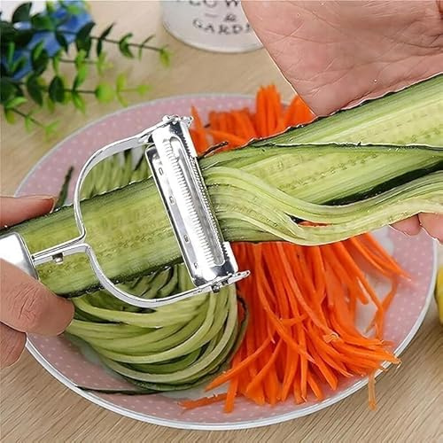 2-in-1 Julienne and Vegetable Peeler, Stainless Steel Kitchen Slicer, Multi-Functional Cutter for Vegetables and Fruits (Silver)