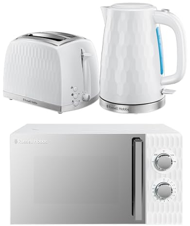 Russell Hobbs Honeycomb White Kitchen Set, 1.7L 2400W Kettle, 2 Slice Toaster with Dual Browning Levels & 17L 700W Microwave with 5 Power Levels, Defrost & Reheat Functions HCBNDL2W