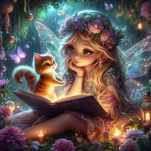 Diamond Painting Fee, 5D Diamant Painting Komplett Set für Erwachsene, Fantasy Blumen Mädchen DIY Strass Kunst Bastelset mit runden Steinen, Kreative Wanddekorationen und Geschenke für Zuhause 30x30cm