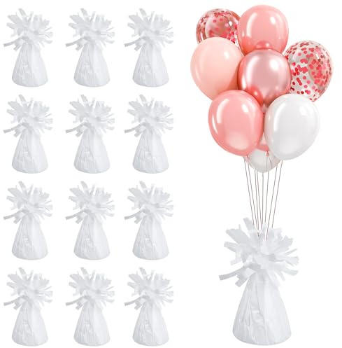 Poids Ballon Helium Cône de Poids de Ballon Feuille L'hélium Supports de Ballons Métalliques 6Pcs 155g/pc Pendentif pour Ballons D'anniversaire de Mariage Célébrations Décoration (Blanc-12Pcs)