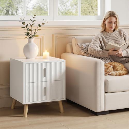 Warmiehomy Bedside Table with 2 Storage Drawers Bedside Cabinet Side Table with Sliver Handles Modern Nightstand with Large Capacity Storage for Bedroom,Living Room(White,40X40X45CM)