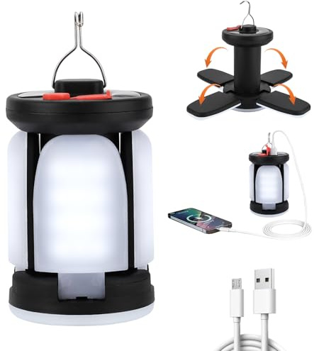 TAVADA Lampada da Campeggio Solare con 6 Modalità di Illuminazione – Lanterna da Campeggio Portatile,Ricarica Solare & USB 2400mAh,60 LED.Perfetta per Campeggio,Tenda,Giardino ed Emergenze