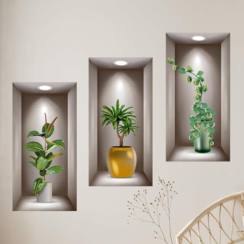Supzone Wandtattoo Pflanzen 3D Bilder Vasen Wandsticker | Grün Blätter Wandsticker Schlafzimmer Wohnzimmer Sofa Flur Wanddeko (30cm x 60cm x 3 Stück)