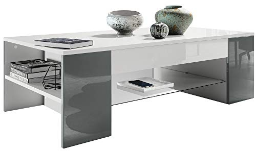 Vladon Couchtisch Clip, Made in Germany, Wohnzimmertisch mit 2 Seitenfächern und 1 Glasplatte, Weiß matt/Grau Hochglanz (118 x 37 x 60 cm)