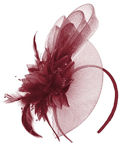Caprilite Burgundy Fascinator Headband Flower Wedding Ascot Races Net Hat Feathers