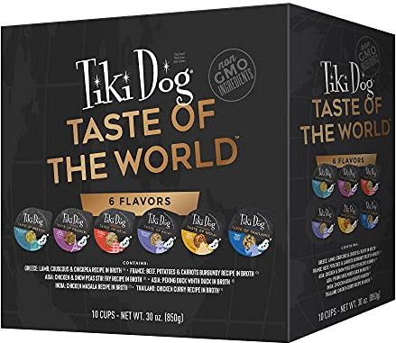 Tiki Dog Taste of The World Whole Food, Vareity Pack of Gourmet International Flavors in Broth, Culinary Inspired High Protein and Moisture Rich Superfoods Wet Dog Food, 3 Oz Cups, Case of 10