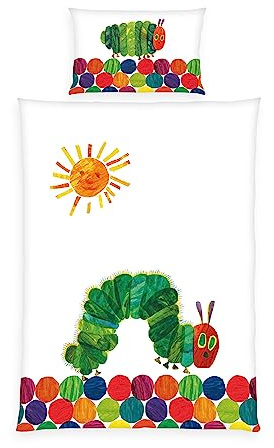 Herding Baby-Bettwäsche-Set, Raupe Nimmersatt, Wendemotiv, Kopfkissenbezug 40 x 60 cm mit Hoteleinschlag, Bettbezug 100 x 135 cm mit Knopfleiste, Baumwolle/Linon