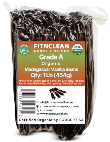 1Lb Organic Madagascar Vanilla Beans Grade A. Certified USDA Organic. 7-8 by FITNCLEAN VANILLA for Chefs, Cooking, Extract. 16oz Bourbon Fresh NON-GMO Whole Gourmet Pods