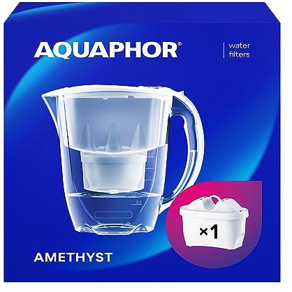 AQUAPHOR Amethyst Caraffa Filtrante per Acqua con 1 Cartucce MAXFOR+ 200L - 2,8L - Bianca