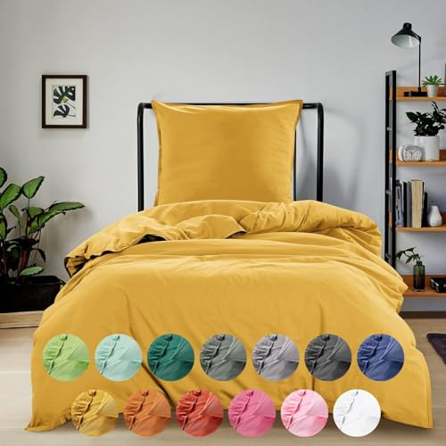 Ropa de cama Renforcy, lavado a la piedra, 155 x 220 y 80 x 80 cm, 100% algodón, color amarillo mostaza, Curry OekoTex, suave y moderno, aspecto usado, aspecto de lino