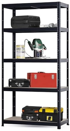 Brigros - Scaffale Metallo Garage 180x90x40cm Ad Alta Portata 875kg, 5 Ripiani Mdf, Scaffale Salvaspazio Ideale Per Garage, Officina, Cantina, Magazzino, Design Modulare (Singolo, Nero)