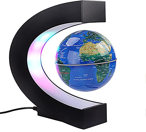 Floating Globe with Colored LED Lights C Shape Anti Gravity Magnetic Levitation Rotating World Map for Gift Home Office Desk Decoration (Blue, Without switch)