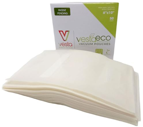 VestaEco Sacchetti Sottovuoto per Alimenti, Sacchetti Sottovuoto Goffrati per La Conservazione Degli Alimenti e La Cottura Sottovuoto | Biodegradabile, senza BPA e Ftalati, 50 unità,15 x 25 cm