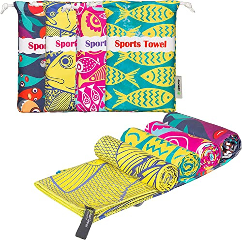 4Monster Mikrofaser Strandtuch Ultra Leicht, Sandabweisendes Handtuch Schnelltrocknend, Saugfähiges Sporthandtuch für Strand Pool Wassersport Yoga Fitness (Fisch, 4er Set (90 x 200 cm))