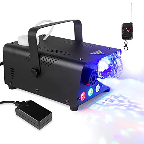 Ailgely Nebelmaschine, 600W Nebelmaschine mit 3-farbigen LED- Discokugel-Lichteffekt, Mini Fog Rauchmaschine mit kabelgebundenen und Funkfernbedienungen für DJ Party,Halloween, Weihnachten