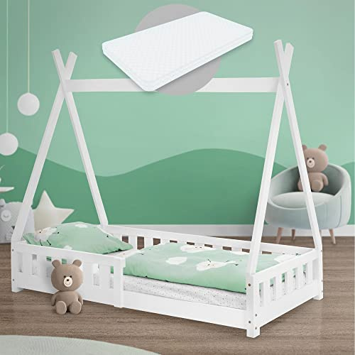 ML-Design Barnsäng tipi 80x160 cm vit med madrass, fallskydd och lamellram, gjord av furu, indisk säng massivt trä för tjejer och pojkar, hussäng med staket, ungdomssäng leksäng träsäng