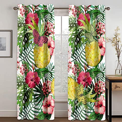 BOVZOX Fenster Vorhang Schlaufen-Vorhang 2 Stück x 110 B x 215cm H Dekorative Gardine Schlaufenschal Fenster-SchalAnanas&Schmetterling