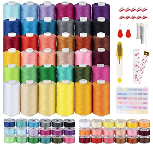 36-teilig Nähgarn Sortiment Set, 700 Yard Nähmaschinengarn je Garnrollen und 36 Unterfadenspulen Qualitätsgarn Overlock Garn für Overlock-Nähmaschinen