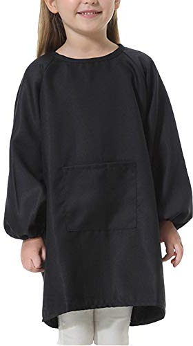 EVGVAT Kids Art Smock Long Sleeve with Pocket Child Chef Bib Apron for Kitchen Cooking Painting (Black, Large(8-12years))