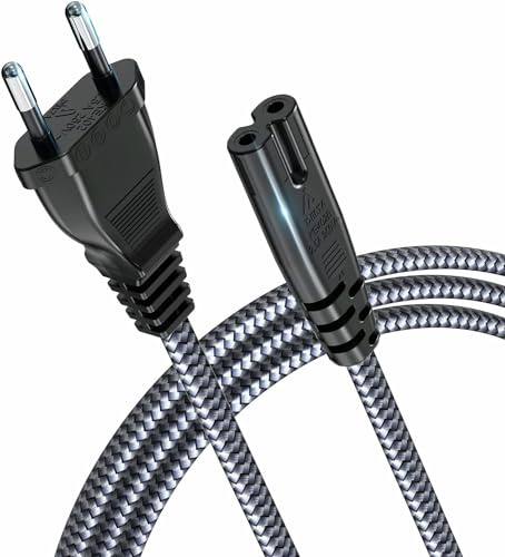 Stromkabel 2 Polig, RIKSOIN Netzkabel Eurostecker (CEE 7/16 auf C7) Nylon-Geflecht Universale Kleingerätekabel mit VDE für TV, PS3/PS4/PS5,One S/X, Laptop Netzteil, Blu-ray, Radio usw (8M, Gray)