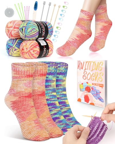 Katech Strickset für Anfänger und Erwachsene, mit Socken, Schritt-für-Schritt-Anleitung (evtl. nicht in deutscher Sprache) | 4-teiliges Sockengarn-Strickset mit Stricknadeln, Anfänger-Strickset zum Stricken von Socken, Geschenk, Blau-Orange