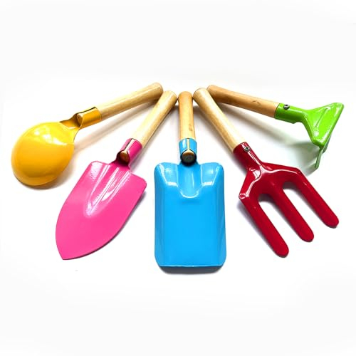 KY-Tech Kids Gardening Tool Set 5 Piece Childrens Gardening Set 8 Kids Garden Tools Made of Metal with Sturdy Wooden Handle