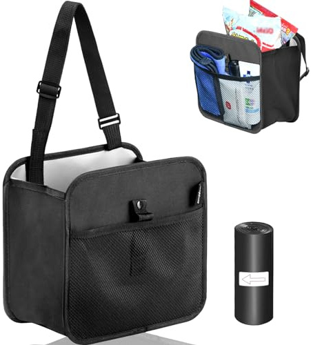 AUTOXBERT Foldable Car Trash Can, Portable Hanging Waterproof Leakproof Car Rubbish Bin with Adjustable Strap and Practical Mesh Pocket for Van SUV Boat Truck | Car Rubbish Bin Anti‑Odour Leakproof Insulated Cooler Foldable Hanging Headrest Mount Organiser with Bag Clip Mesh Pocket